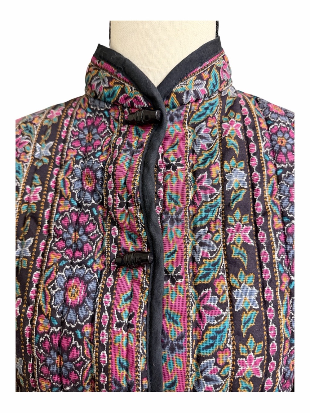 Vintage Floral Quilted Jacket Mandarin Collar Frog Closure Boho Statement Coat - Picture 3 of 7